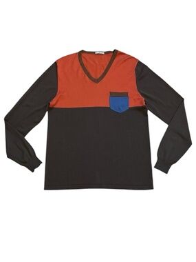 ICEBERG V-Neck Brown/Orange Color Block Knit Sweater Preppy Retro Men's Sz Small